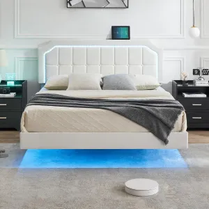 Floating Queen Bed Frame with RGB LED Lights, Adjustable Upholstered Headboard, Metal Construction, Easy Assembly, Modern Design, White