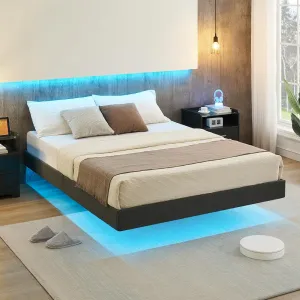 Floating Full Bed Frame with Led Lights, Modern Full Size, Upholstered Platform Bed Frame, No Box Spring Needed, Easy Assembly, Black