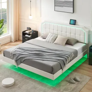 King Size Floating Bed Frame with RGB LED Lights, Adjustable Upholstered Headboard, Metal Platform, No Box Spring Needed, Easy Assembly, Modern White Design