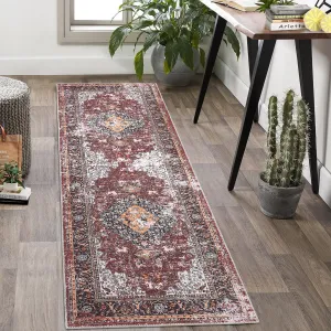 Washable Runner Rug 2x6 Long Hallway Runner Rug Vintage Accent Rug Boho Distressed Rug Medallion Runner Rugs for Entryway Kitchen Living Room Bedroom, Red