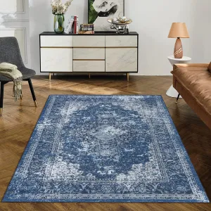 9x12 Large Living Room Rug Washable Rug Indoor Non-Slip Vintage Distressed Floor Cover Stain Resistant Oriental Accent Carpet Rug Boho Tribal Rug for Bedroom Home Office, Blue