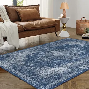 5x7 Bedroom Rug Boho Distressed Floor Carpet Machine Washable Area Rug Vintage Rug Medallion Area Rug Indoor Throw Rug for Living Room Bedroom Kitchen, Blue