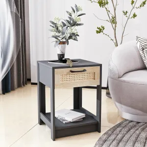 15.75" Rattan Night Stands With Drawer Bedside End Table For Small Space Black One Size, Space Saving, Easy To Clean