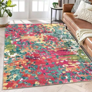 Large Area Rug 9x12 Boho Chic Abstract Watercolor Design Rug Washable Rug Low Pile Thin Rug Non Slip Soft Rug Contemporary Accent Carpet for Dining Room, Pink/Multi