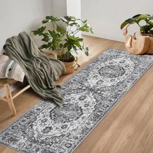 2x6 Hallway Runner Rug Machine Washable Kitchen Runner Rug Indoor Vintage Rug Retro Distressed Carpet for Living Room Bedroom Laundry, Grey