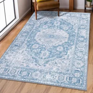 Vintage Distressed Teal Area Rug - Machine Washable, Non-Slip, Low Pile Polyester - Ideal for Living Room, Bedroom, High Traffic Areas