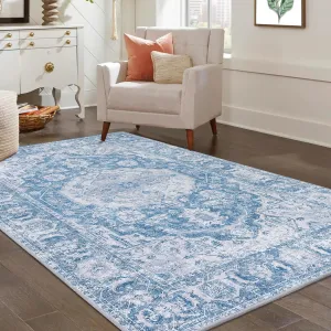 Large 9x12 Washable Vintage Rug - Oriental Distressed Design, Non-Slip, Low Pile Polyester, Stain & Water Resistant, Ideal for Living Room, Bedroom