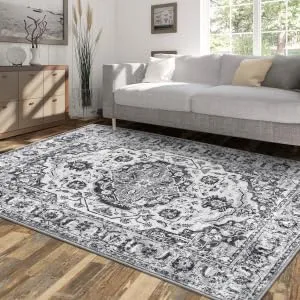 Area Rugs 8x10 Large Boho Rugs for Living Room Machine Washable Rug Oriental Bedroom Rug Non Slip Office Carpet Low Pile Farmhouse Rug Vintage Rug Grey Floor Cover
