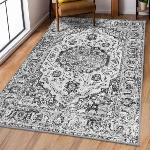 Vintage Distressed Machine Washable Area Rug, Non-Slip, Low Pile, Polyester, Stain & Water Resistant, for Living Room, Bedroom