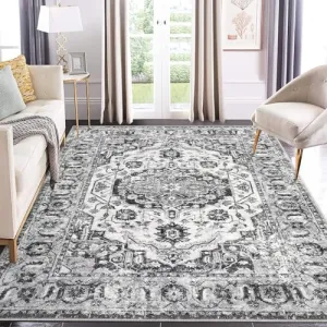 Area Rug 4x6 Washable Bedroom Rug Oriental Medallion Area Rug Indoor Floor Carpet Vintage Rug Distressed Carpet for Living Room Kitchen, Grey