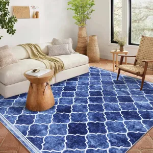 Moroccan Rugs 8x10 Rugs for Living Room,Large Washable Area Rug Ultra-Thin Soft Carpet, Oriental Trellis Bedroom Rug Distressed Non Shedding Throw Rug for Dining Room Office 8'x10' Blue