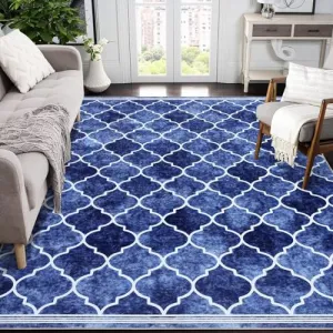 Area Rug 5x7 Modern Rug Washable Rugs Non Slip Indoor Carpet Rug Geometric Rug Blue/Pink Distressed Rug Moroccan Carpet for Entryway Dining Room, Navy