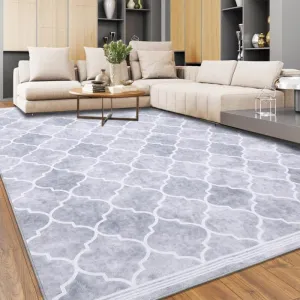 Modern Moroccan Area Rug Machine Washable, Non-Slip, Low Pile, Stain-Resistant Accent Carpet for Entryway, Office, Light Grey