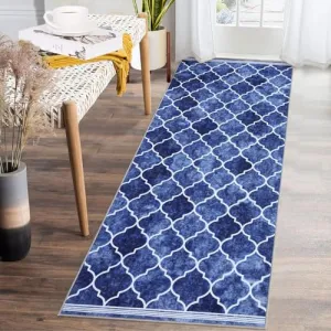 Moroccan Trellis Washable Runner Rug 2x6 Blue Rug Non Slip Vintage Kitchen Rugs Runner Bathroom Carpet Laundry Room Soft Area Rug for Bedroom Throw Rugs for Hallway Entryway Rug