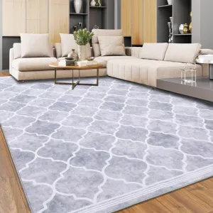 Moroccan Geometric Large Rug 8x10 Rug Non Slip Rubber Backing Rug Washable Bedroom Rug Non Shedding Accent Carpet for Living Room, Light Grey