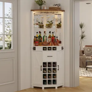 Farmhouse Corner Bar Cabinet with LED Light & Glass Rack, 72" Tall, Adjustable Shelves, Barn Door, Engineered Wood, Living Room, Kitchen,White