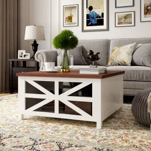 Square Coffee Table with Lift Top, Adjustable Height, Hidden Storage, Rustic Farmhouse Wood, Distressed White, Home Office Living Room