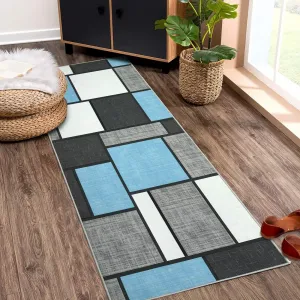 Runner Rug 2x6 Modern Area Rug Hallway Rug Boxes Geometric Rug Washable Rug Non Slip Accent Rug Kitchen Runner Rug Thin Throw Rug for Bedroom, Light Blue