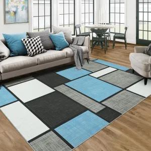 Modern Light Blue 9x12 Rug for Living Room Machine Washable Rugs Geometric Non Slip Rug Contemporary Carpet for Bedroom Soft Large Rug Stain Resistant Floor Mats Classroom Office Rug