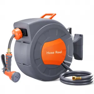 Garden Hose Reel, 1/2 in x 72 ft Wall Mounted Retractable Water Hose Reel with 9 Function Sprayer Nozzle, Any Length Lock, 180° Swivel Bracket, Automatic Rewind and Slow Return System