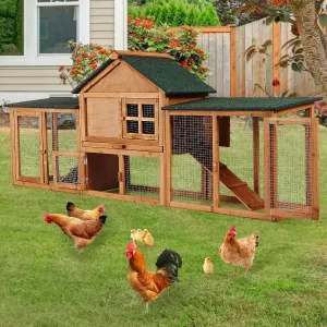 80in Wooden Rabbit Hutch, Outdoor Chicken Coop, Bunny Hutch Guinea Pig Pet House Bunny Cage with Double Side Runs, Weatherproof Roof, Removable Tray, Ramps for Small Animals