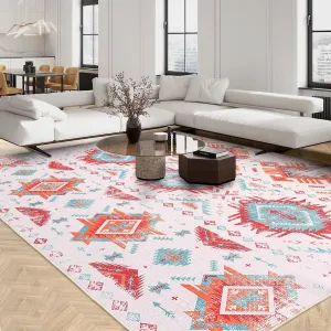 Living Room Rug Boho Rug 8x10 Large Washable Southwestern Rugs for Entryway Laundry Distressed Bathroom Rug Moroccan Bedroom Area Rugs Vintage Tribal Rugs Non Slip Indoor Rug Pink