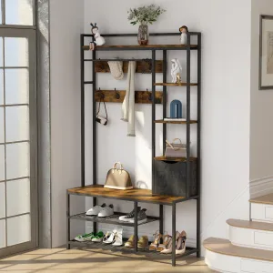 Entryway Hall Tree with Storage Bench, 5-In-1 Design, 12 Hooks, MDF & Steel, Shoe Storage, Wall-Mounted, 300lb Capacity
