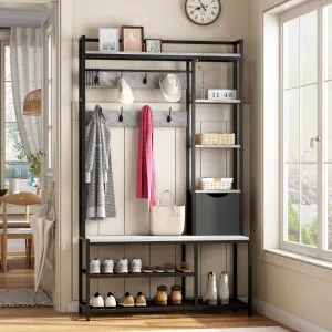 Hall Tree With Bench and Shoe Storage, Coat Rack Freestanding, 5-Tier Shelves, Fabric Storage Basket, Side Hooks, 5 In 1 Large Organizer, Sturdy Metal Frame With 12 Hooks for Entryway, Hallway