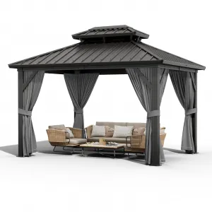 10x12ft Hardtop Gazebo Outdoor Patio Pavilion Double Roof Aluminum Frame Waterproof Curtains Netting Backyard Deck Poolside