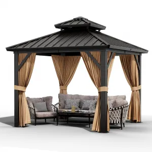 10x10ft Hardtop Gazebo Outdoor Aluminum Frame Double Roof Waterproof Metal Roof Netting Curtains Backyard Patio Deck Poolside
