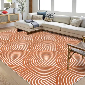 Area Rugs 9x12 Living Room Washable Rug Modern Rug Indoor Lines Print Rug Contemporary Abstract Soft Rug Aesthetic Rug Foldable Thin Rug Non Slip Throw Carpet for Bedroom Home Office Orange