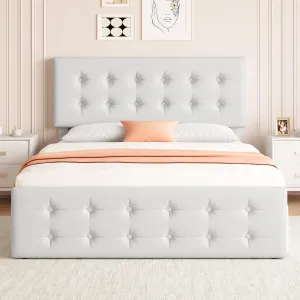 Queen Size Bed Frame with 4 Storage Drawers and Headboard, Faux Leather Upholstered Platform Bed Frame with Wooden Slats Support, Button Tufted Design, No Box Spring Needed, White