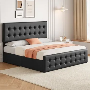 Full Bed Frame with Headboard and 4 Storage Drawers, Platform Bed Frame Square Stitched Button Tufted, No Box Spring Needed, Noise Free, Easy Assembly, Dark Grey (Black, King)