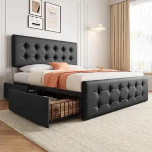 Queen Size Bed Frame with 4 Storage Drawers and Headboard, PU Upholstered Platform Bed Frame with Stitched Button Tufted Design, Wooden Slats Support, No Box Spring Needed, Black