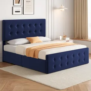Queen Size Bed Frame with 4 Storage Drawers and Headboard, Velvet Upholstered Platform Bed Frame with Wooden Slats Support, Button Tufted Design, No Box Spring Needed, Blue