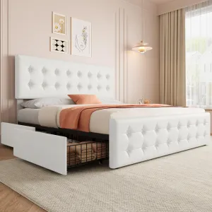 King Size Bed Frame With Adjustable Headboard, Upholstered Platform Bed Frame With 4 Storage Drawers, Button Tufted Design, Wooden Slats Support, No Box Spring Needed
