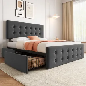 Queen Size Bed Frame with 4 Storage Drawers and Headboard, Linen Upholstered Platform Bed Frame with Wooden Slats Support, Button Tufted Design, No Box Spring Needed, Dark Grey