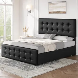Full Bed Frame with Headboard and 4 Storage Drawers, Platform Bed Frame Square Stitched Button Tufted, No Box Spring Needed, Noise Free, Easy Assembly, Dark Grey (Black, Full)