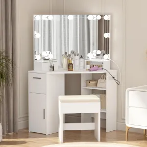 Corner Vanity Mirror with Lights and Table Set & Power Outlet, Makeup Vanity Table with Lights with 2 Drawers & Stool, 3 Ligthing Color Vanity Desk, White