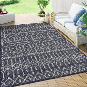 Outdoor Rugs 8x10 Blue Waterproof Indoor/Outdoor Rug Geometric Textured Weave for High-Traffic Spaces