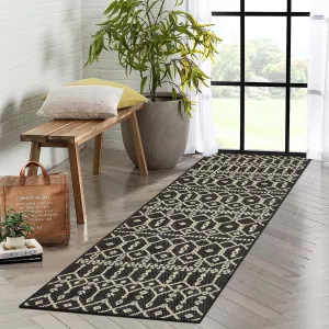 Indoor/Outdoor Runner Rug 2'3"x7'3" Moroccan Geometric Non-Shedding Black for Patio Deck Porch