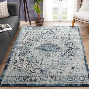 8x10 Area Rug Blue Vintage Distressed Non-Shedding Non-Slip Oriental Floral Carpet 7'10"x10'2"