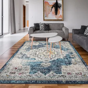 Area Rug Vintage Medallion 5'3" x 7'3" Blue Soft Low Pile Non-Shedding Indoor Carpet for Living Room Bedroom Office