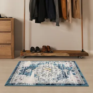 Vintage Doormat 2x3 Boho Medallion Area Rug Blue, Low Pile Non-Shedding Accent Rug for Entryway Hallway Bedroom Bathroom Kitchen