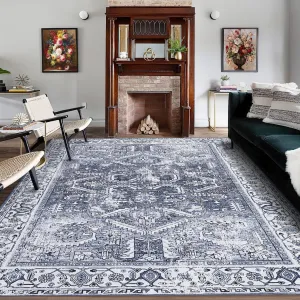 Area Rug 9x12 Vintage Print Large Rug Machine Washable Area Rug Low Pile Non Slip Indoor Floor Carpet Foldable Thin Rug for Bedroom Living Room, Blue/Grey
