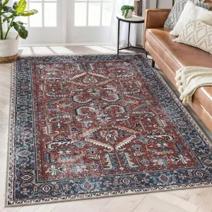 Large Area Rug Vintage Rug Washable Rug Low Pile Thin Rug Non Slip Soft Rug Ultra-Thin Antique Collection Area Rug Contemporary Accent Carpet for Dining Room, Red/Navy