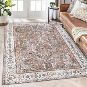 Vintage Area Rug 8x10 Ultra-Thin Antique Collection Area Rug Soft Throw Rug Washable Rug Rainbow Non Slip Indoor Floor Carpet for Office Nursery, Orange/Beige