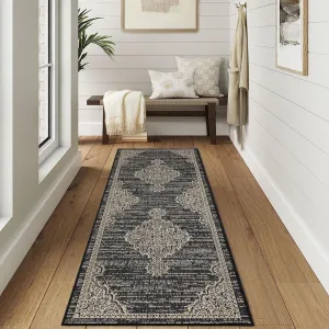 Outdoor Rug 2'3" x 7'3" Runner Rug Vintage Waterproof Non Shedding Patio Deck Indoor Outdoor Black