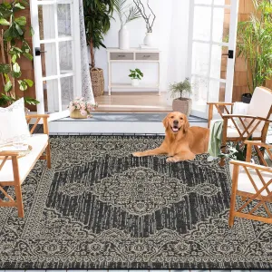 Outdoor Rug 5x8 Vintage Boho Waterproof Patio Carpet Black for Indoor Outdoor Use
