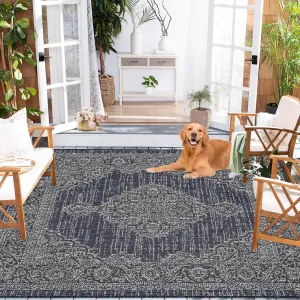 Outdoor Rug 5x7 Vintage Boho Waterproof Patio Carpet Navy Indoor Outdoor Easy Cleaning Non Shedding